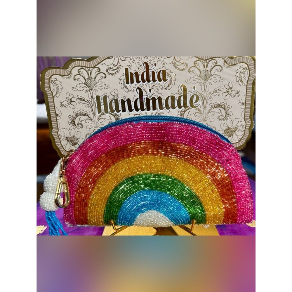 NWT India Handmade Beaded Rainbow Clutch Bag Multi Color